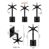 Black adjustable table stand with measurements on a white background