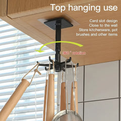 Ceiling-mounted kitchen storage hook with 360-degree rotation, holding kitchen utensils.