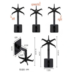 Black adjustable table stand with measurements on a white background