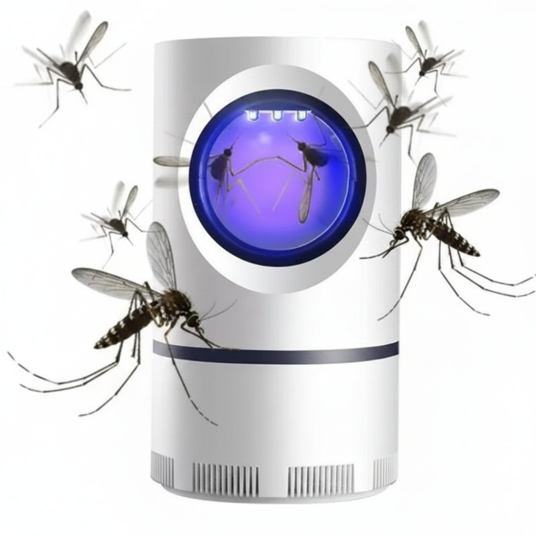 Mosquito killer device with mosquitoes around it on a white background