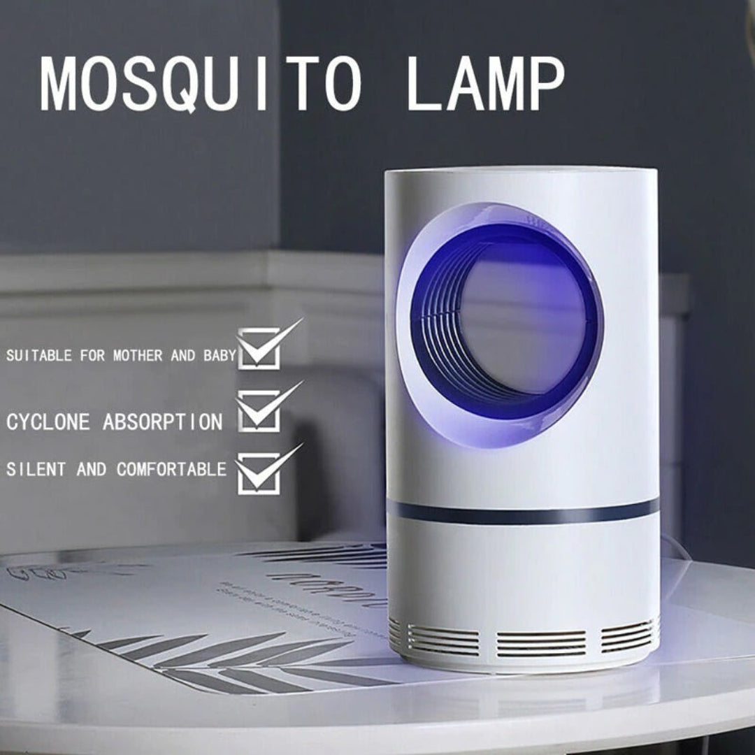 Mosquito lamp on a table with text indicating its features.