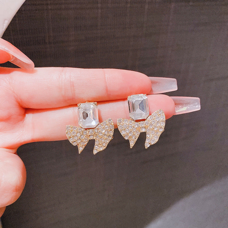 Sparkling Bow Shape Zircon Korean Earrings - Golden