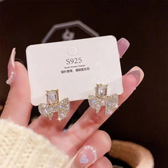 Sparkling Bow Shape Zircon Korean Earrings - Golden