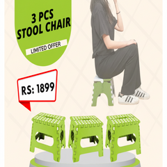Three green folding stools with a person sitting on one, promotional text, and price tag on a beige background.