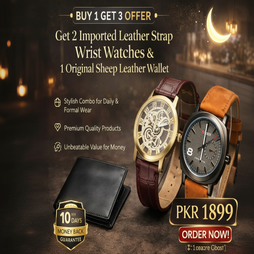 Two watches with leather straps and a wallet on a dark background with promotional text.