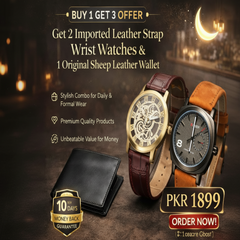 Two watches with leather straps and a wallet on a dark background with promotional text.