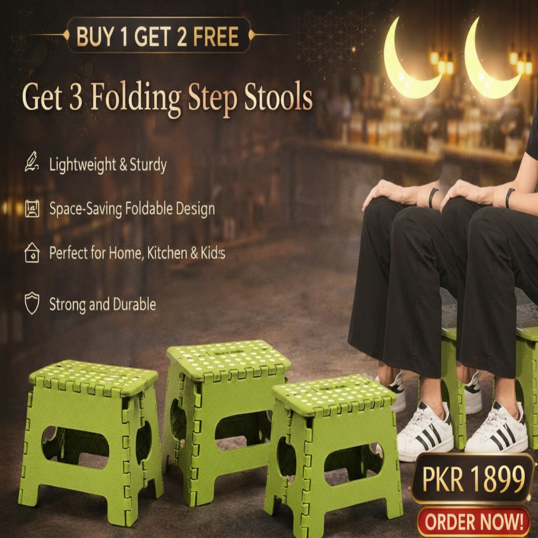 Three green folding step stools with promotional text on a dark background