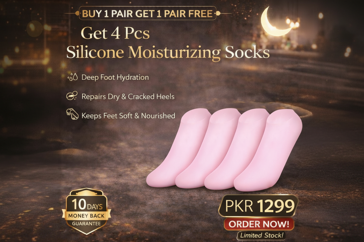 Promotional image of silicone moisturizing socks with text on a dark background