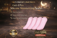 Promotional image of silicone moisturizing socks with text on a dark background