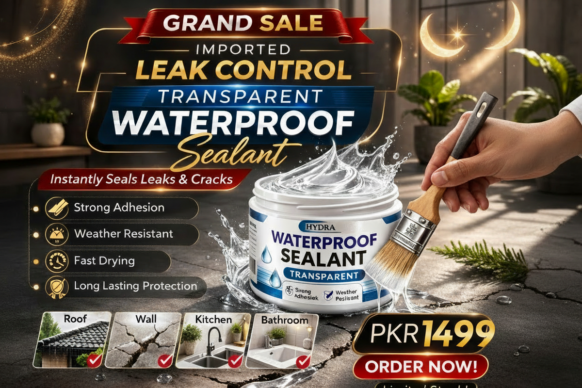 Promotional advertisement for waterproof sealant with product packaging and application tools.