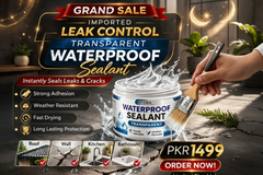 Promotional advertisement for waterproof sealant with product packaging and application tools.