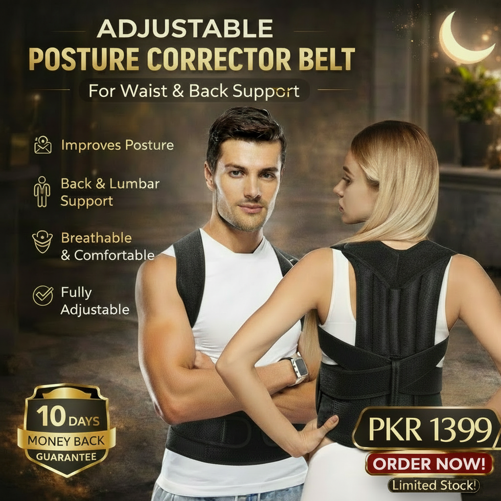 Adjustable posture corrector belt advertisement with a man and woman wearing it, set against a warm-toned background.