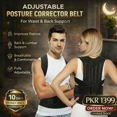 Adjustable posture corrector belt advertisement with a man and woman wearing it, set against a warm-toned background.