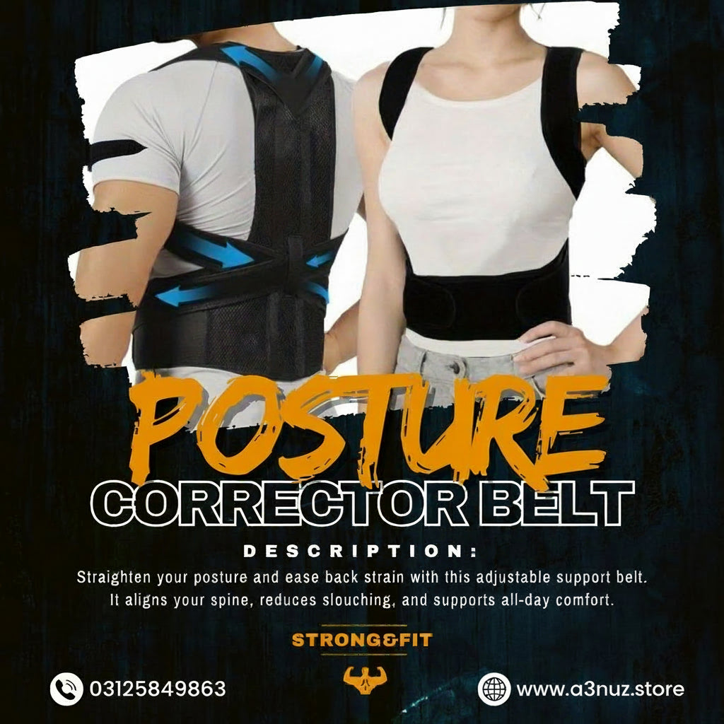 Posture corrector belt advertisement with text and branding
